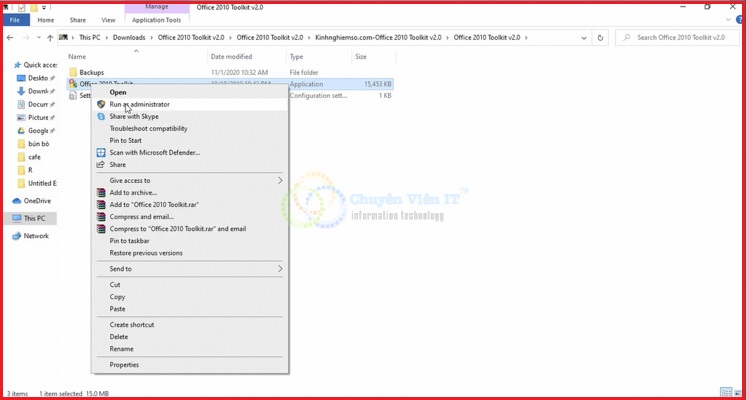 Mở file bằng run administrator