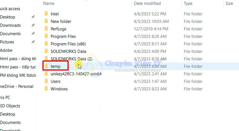 Mở thư mục temp